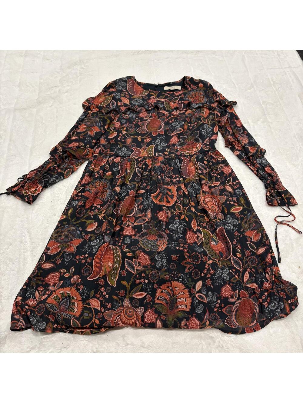 LOFT Floral Paisley Dress Women 8 Witchy Hippie Black Long Sleeve Fit Flare